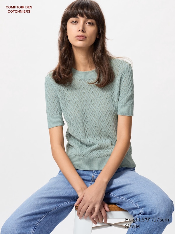 

Льняной джемпер с круглым вырезом и короткими рукавами Uniqlo, зеленый