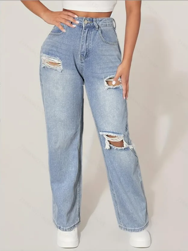 Женские джинсы High Waisted Straight Leg с потертостями и разрывами — фото 2