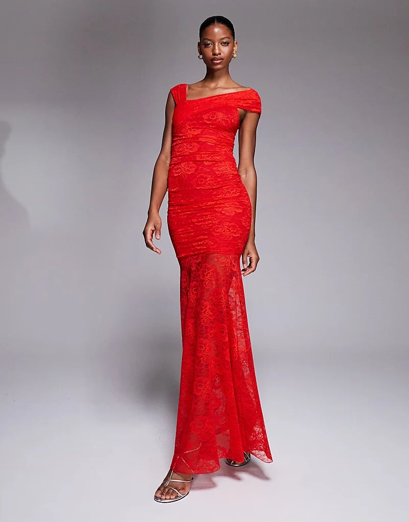 

Эксклюзивное двухслойное облегающее кружевное платье макси на одно плечо с асимметричным прозрачным подолом от Kaiia красного цвета