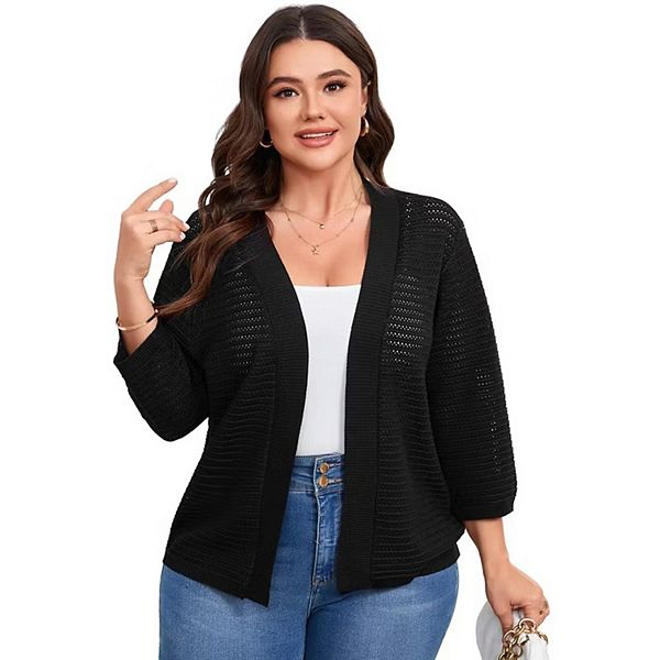 

Женский кардиган летний с рукавом 3/4, вязаный, на пуговицах, plus size Kojooin, Black