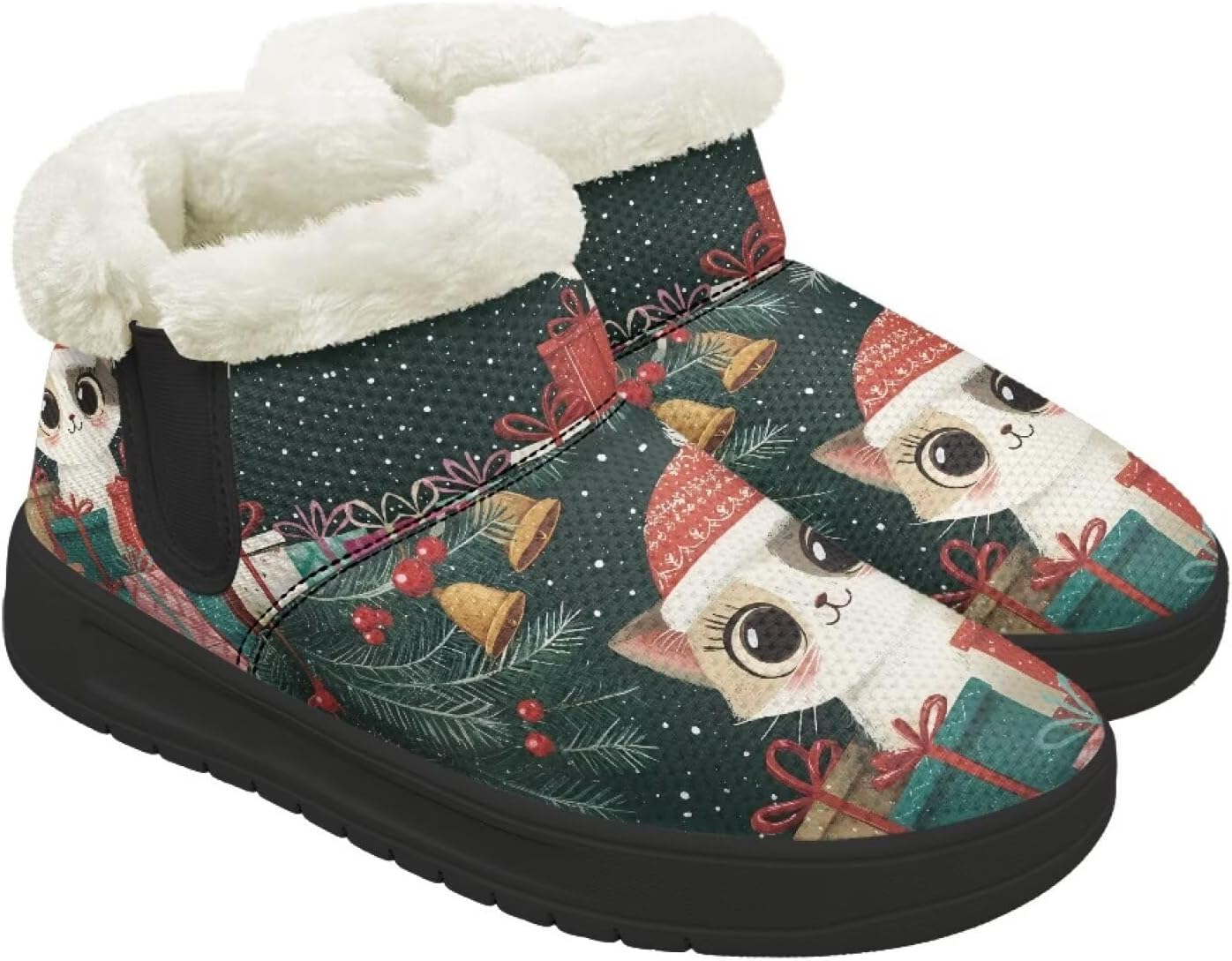 

Зимние ботинки для женщин и мужчин, минималистичные, теплые с мехом, с широким носком, на щиколотку, с легким надеванием, для прогулок и бега Chririnla, Christmas Kitten