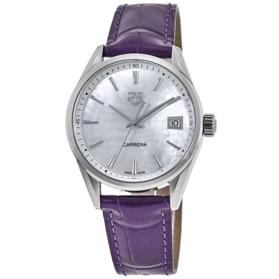 

Tag Heuer Carrera кварцевые женские часы с перламутровым циферблатом и фиолетовым кожаным ремешком WBK1311.FC8261