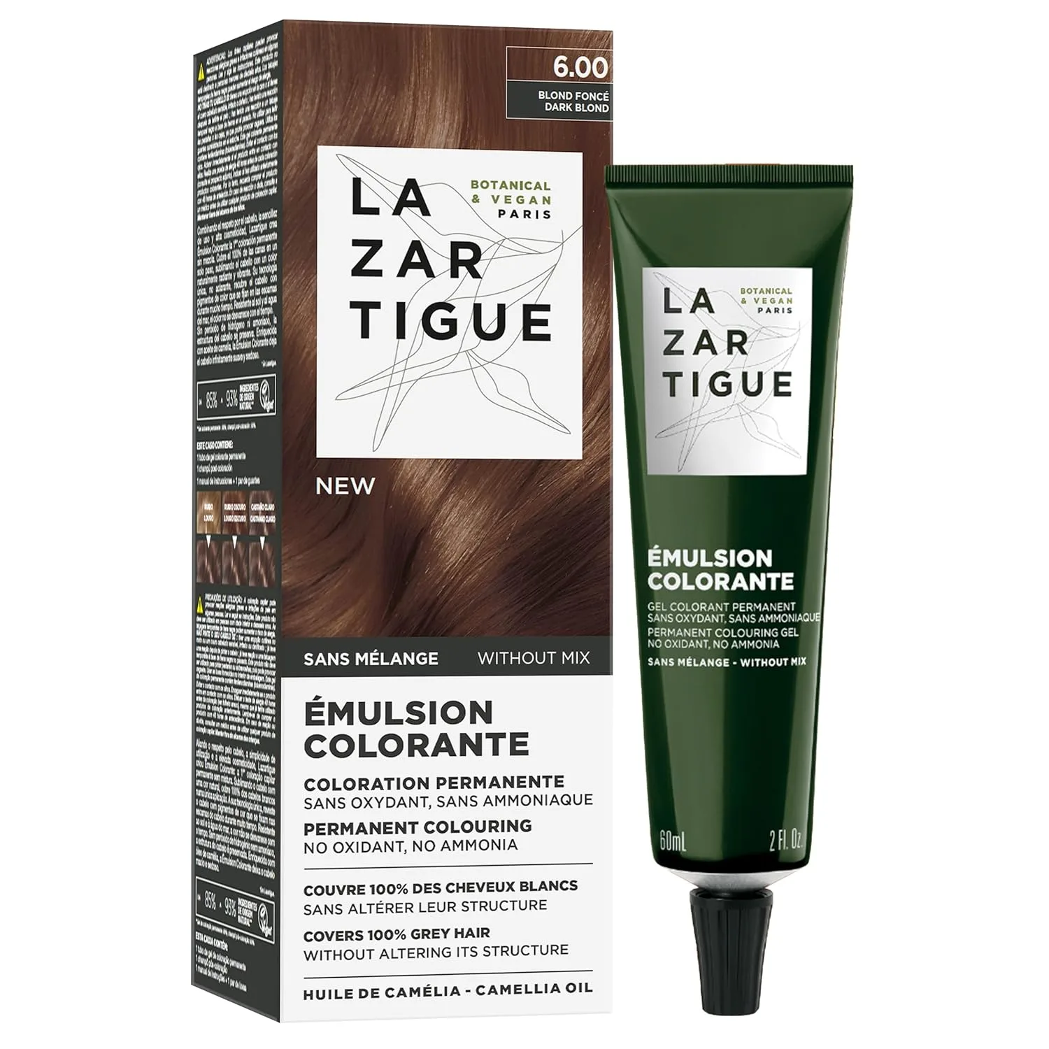 Краска для волос Lazartigue Emulsion Colorante, стойкая краска без аммиака, 100% закрашивание седины, с маслом камелии, веганский продукт, 57 мл - не требует смешивания, готова к применению., LAZARTIGUE Emulsion Colorante 6.00 Dark Blond