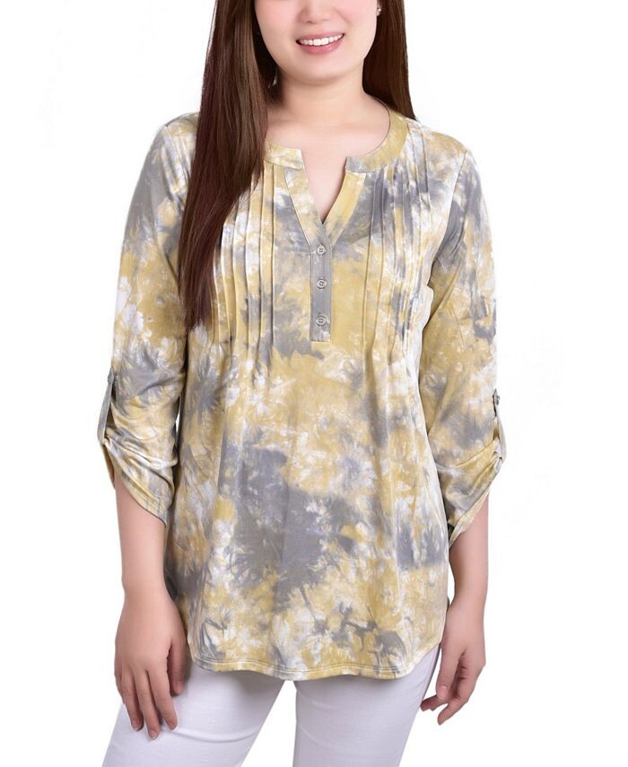 

Женский трикотажный жаккардовый топ с отвернутыми рукавами 3/4 и язычком NY Collection, цвет Yellow Tiedye