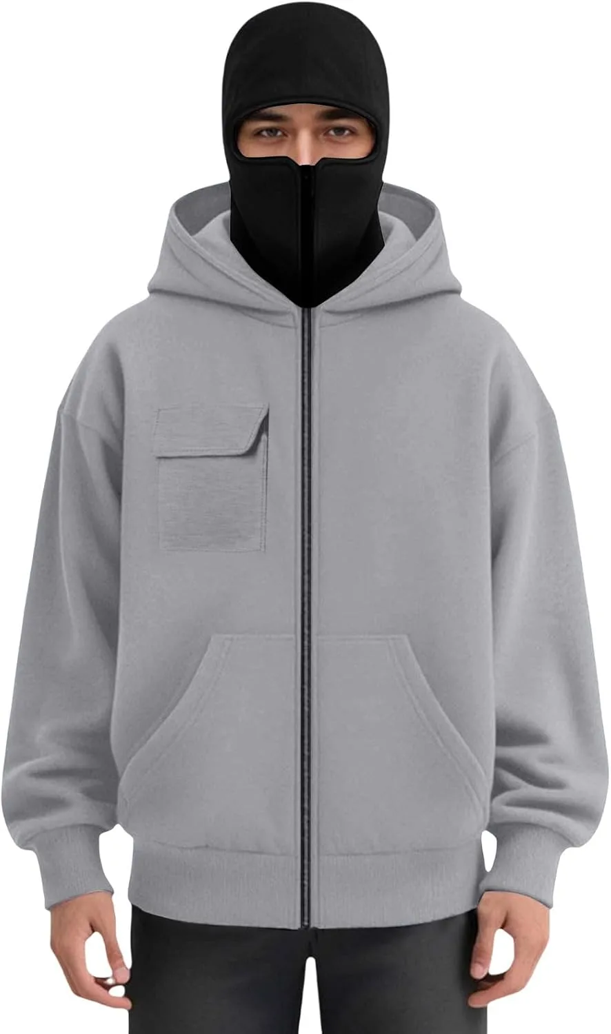 

Мужской худи с двойными карманами и маской, полная молния, теплая куртка для спорта на открытом воздухе