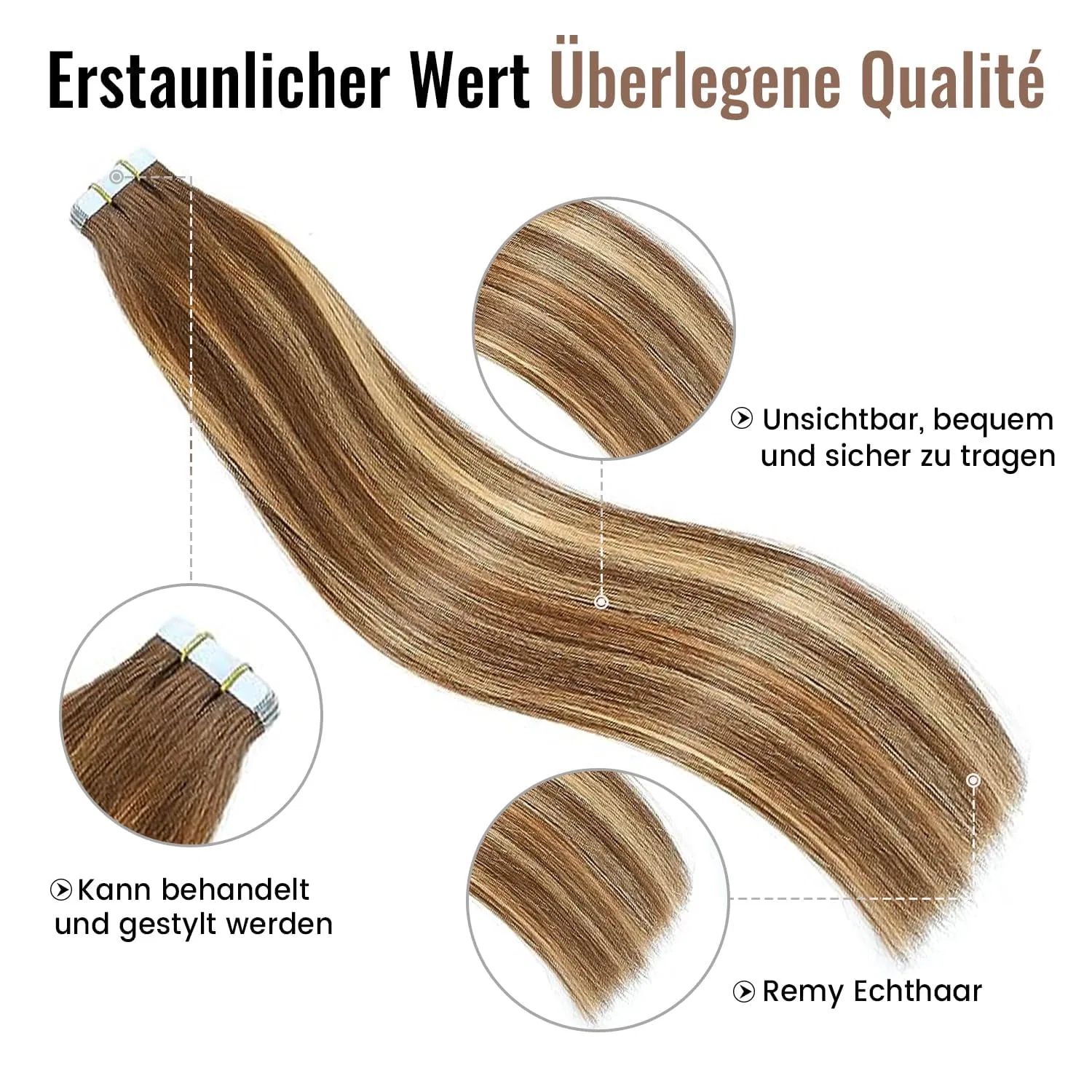 Накладные пряди для наращивания «Tape-In Real Hair Extensions» от JESSBO Jessbo, #T4/P4/27 Chocolate Brown Mxied Caramel Blonde — фото 2