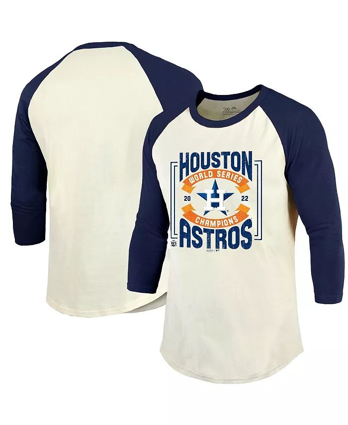 

Мужская футболка Threads Cream, Navy Houston Astros 2022 World Series Champions Divide And Conquer Tri-Blend Raglan с рукавом 3/4 Majestic