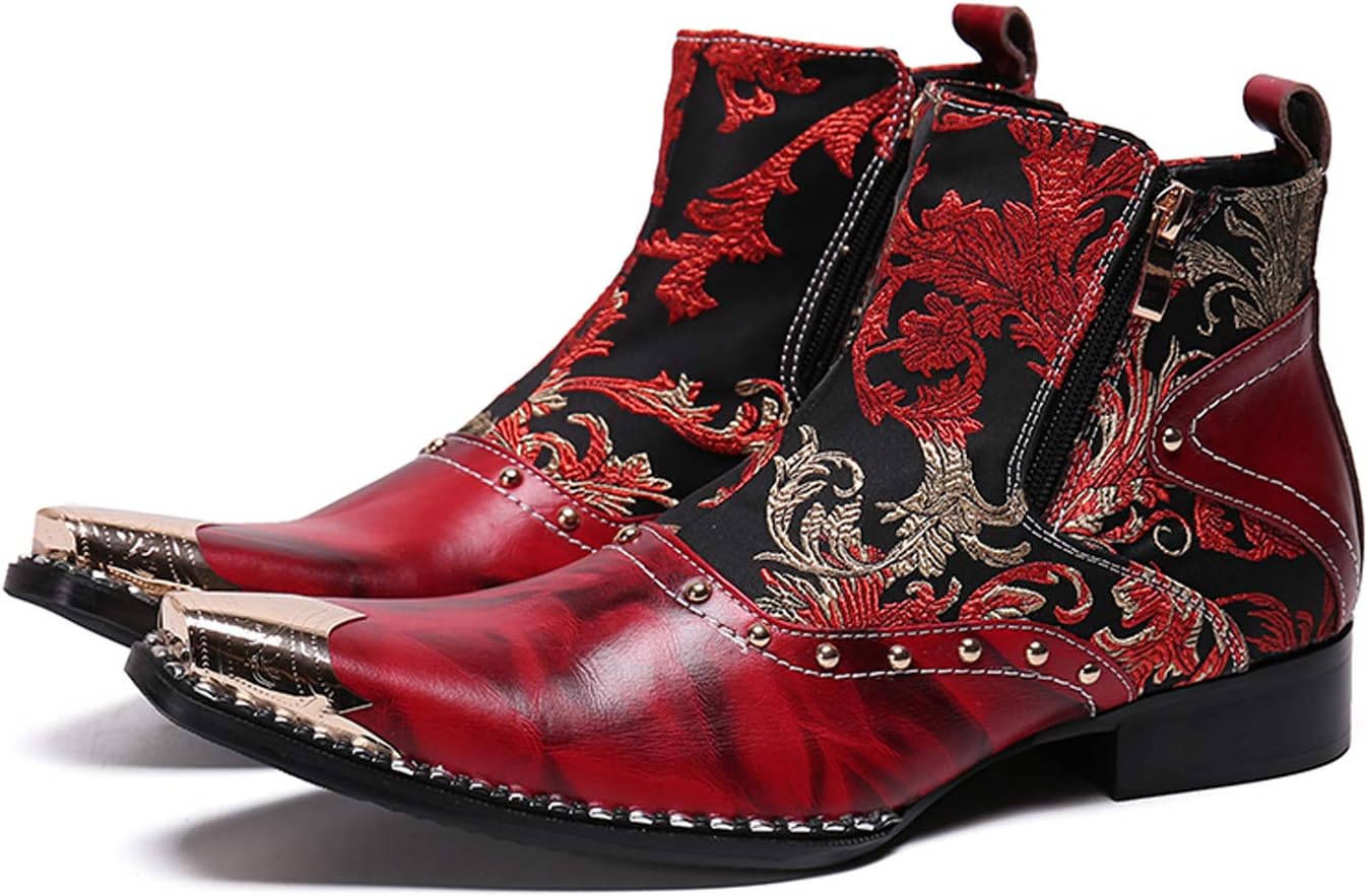 

Мужские западные кожаные ботинки Santimon Mens, стильные ботинки Челси с застежкой-молнией, ботинки с металлическим носком для мужчин, красный