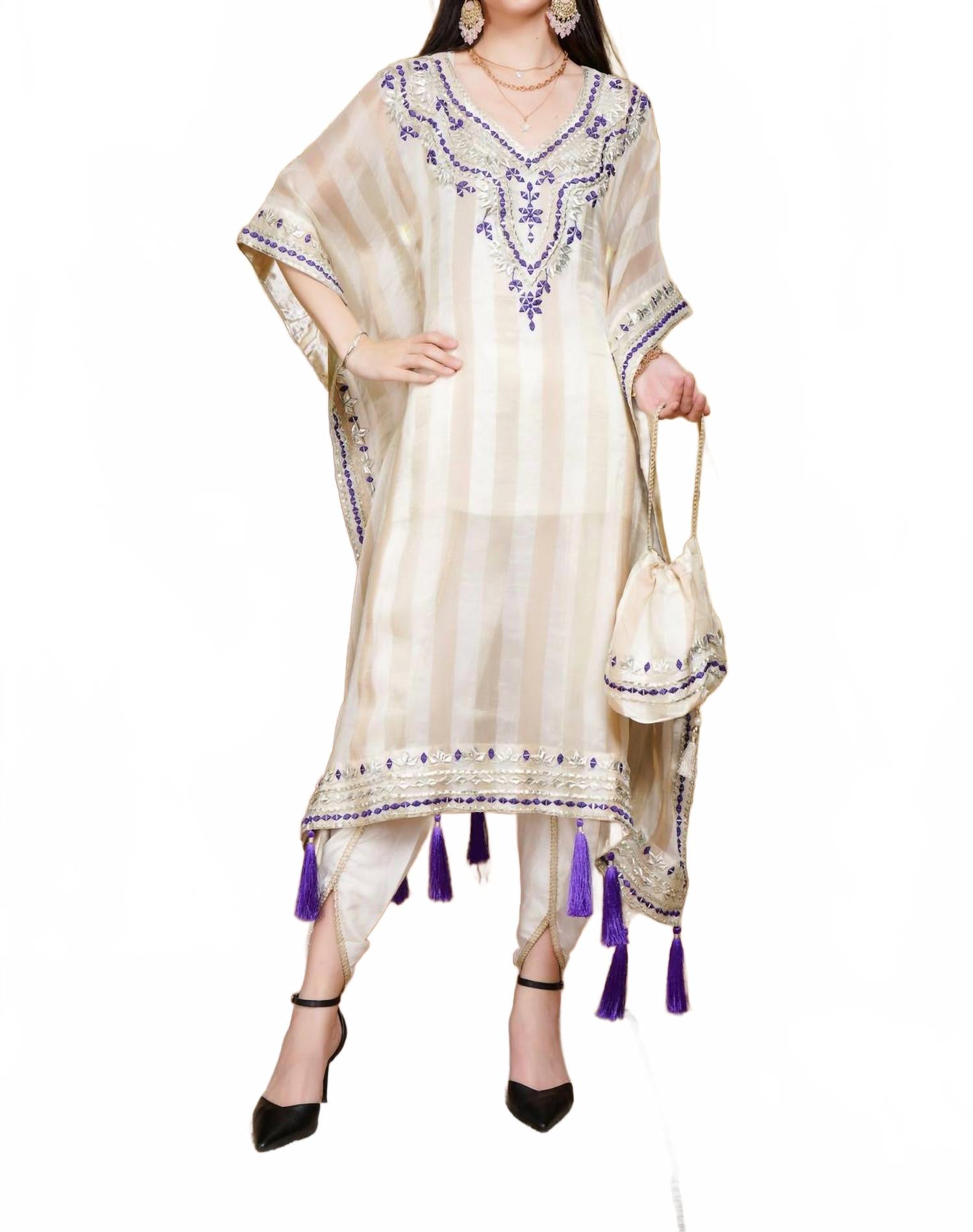 

Striped Organza Kaftan Suit With Mirror Work And Tassel Accents In Cream & Purple Zaalima Fashion