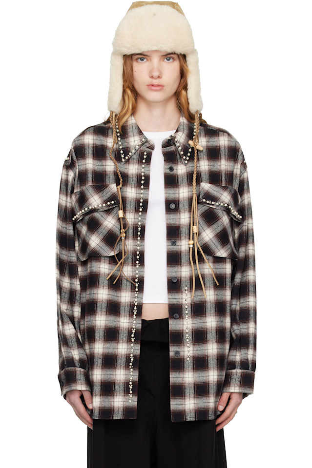 

Open Yy Коричнево-Белая рубашка с бисерным карманом