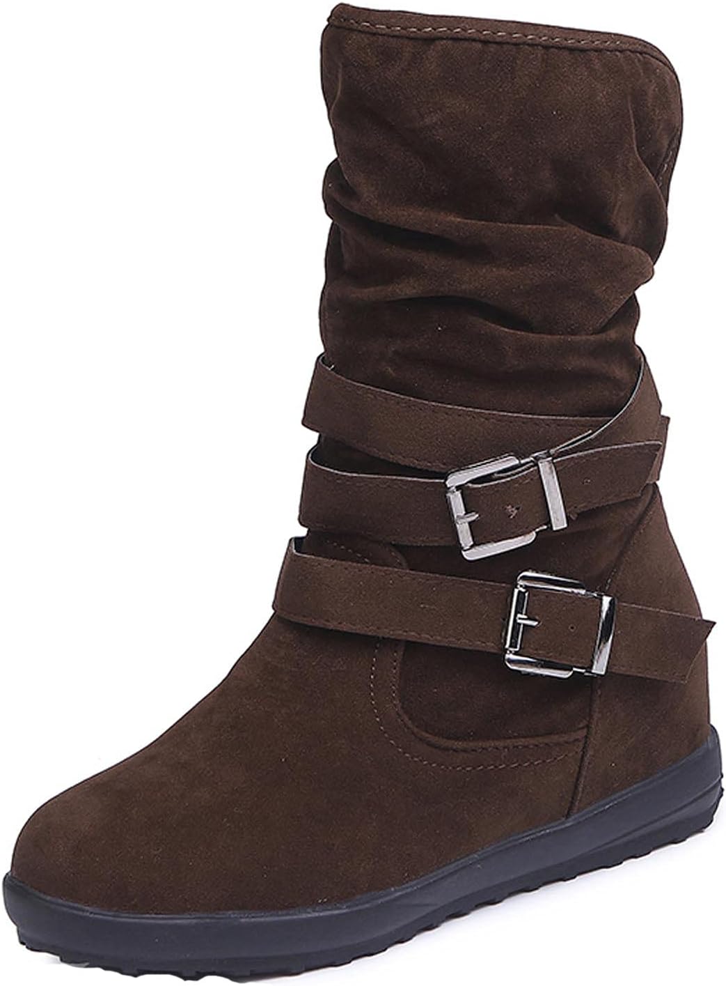 

Женские зимние ботинки Oiangi, мода, с двойной пряжкой, круглый носок, платформа, без застежки, средние по голенище, удобные замшевые ботинки на плоской подошве, нескользящие повседневные туфли, коричневый