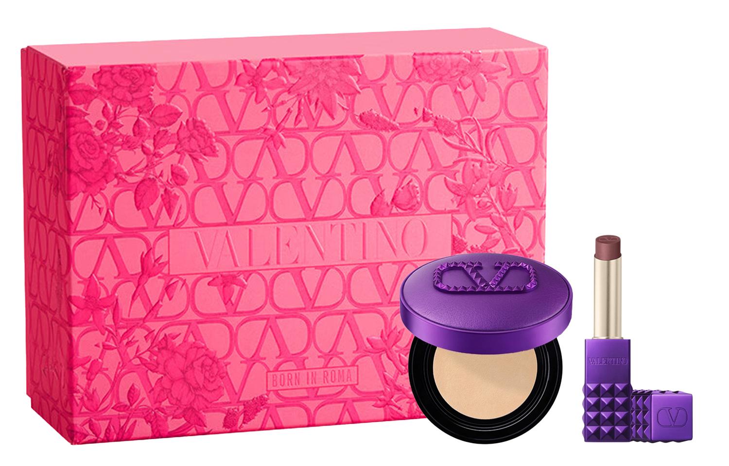 

Valentino Дикий фиолетовый тональный крем-подушечка Dewy Air Cushion и помада-студ Makeup Sets, легко растушевывается, выравнивает тон кожи, 2,3 г+12 г