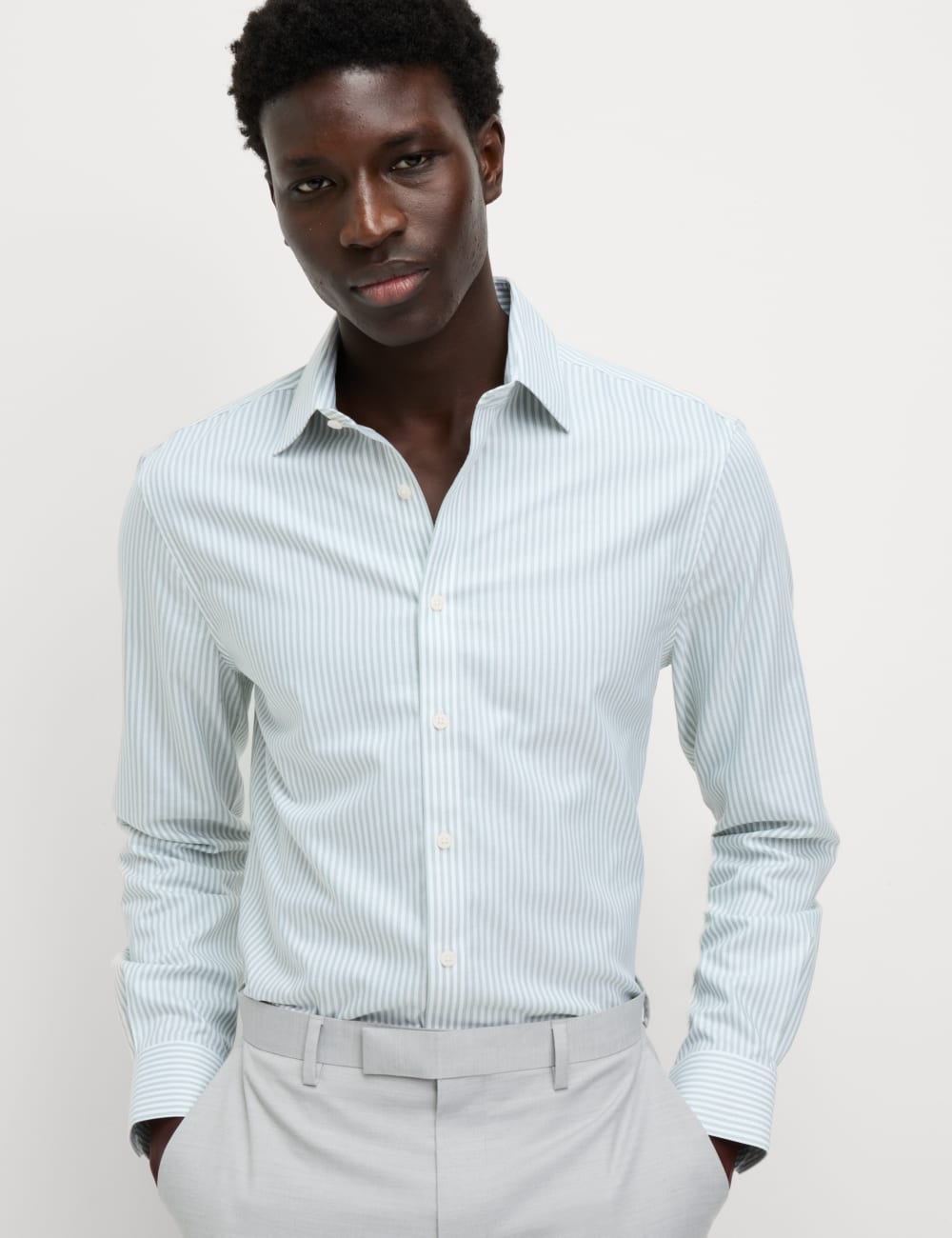 

Рубашка в полоску из хлопка Slim Fit Ultimate Non Iron Marks & Spencer, зеленый