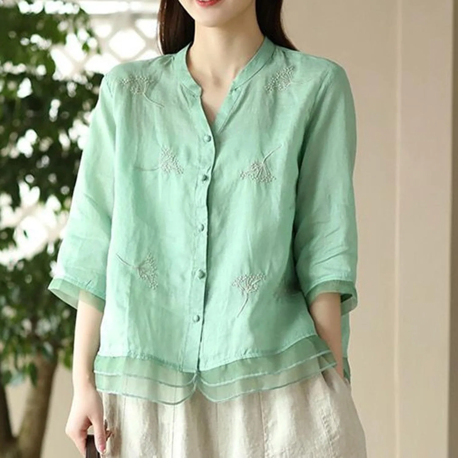 Футболка с цветочным принтом, Cotton Linen, зеленый — фото 3