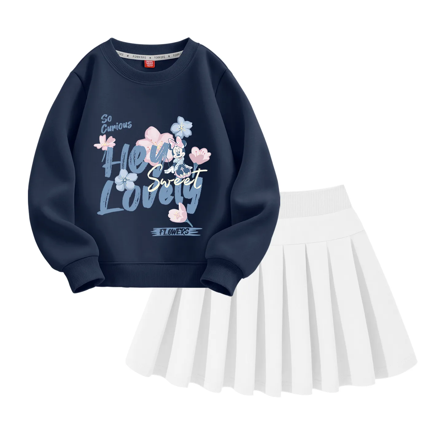 Детский комплект из юбки и футболки с коротким рукавом Disney, Light Pastel Floral Navy Blue+Solid Color White