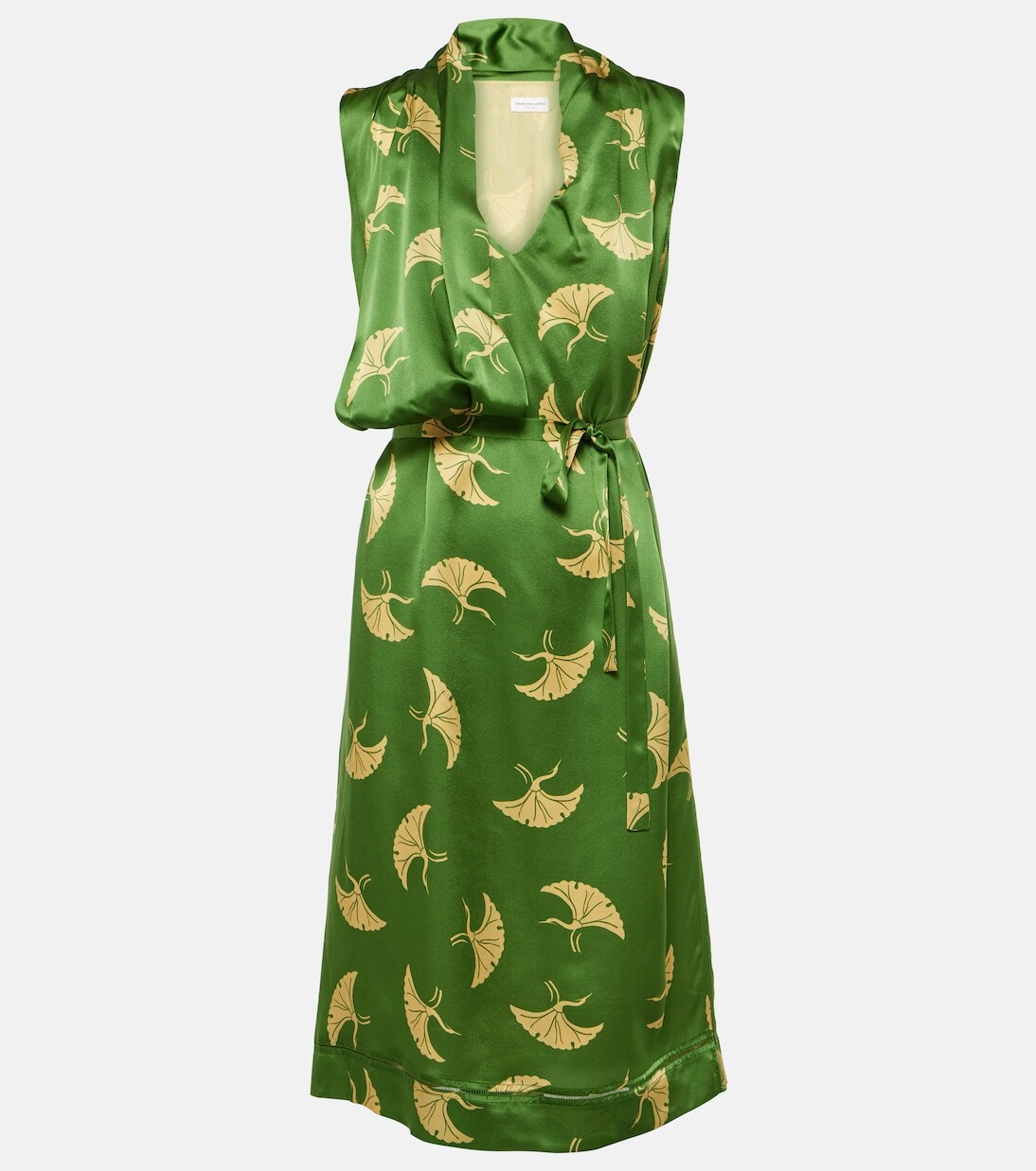 

Платье из шелкового атласа с принтом и запахом Dries Van Noten, зеленый