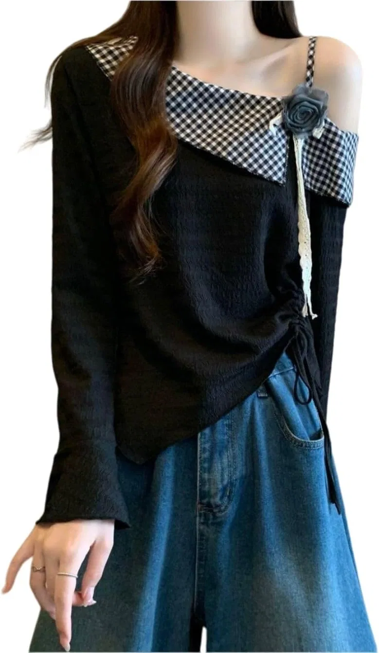 Блуза с открытыми плечами, клетчатая, Women's Cut and Sew Off Shoulder Plaid Switching Top, черный