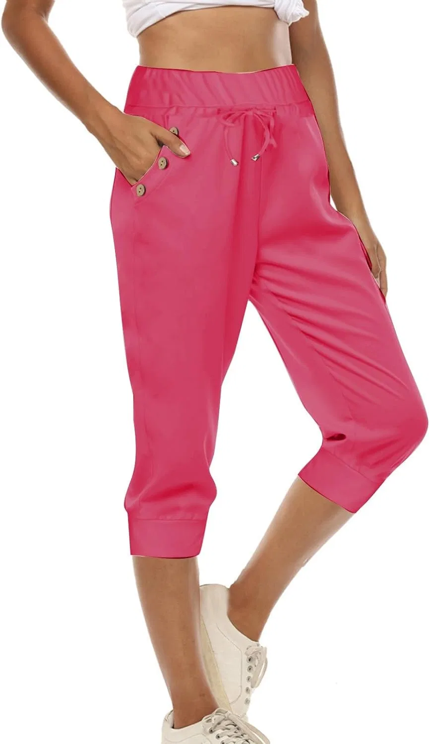 Капри для женщин с высокой талией, легкие, с карманами, hot pink — фото 2