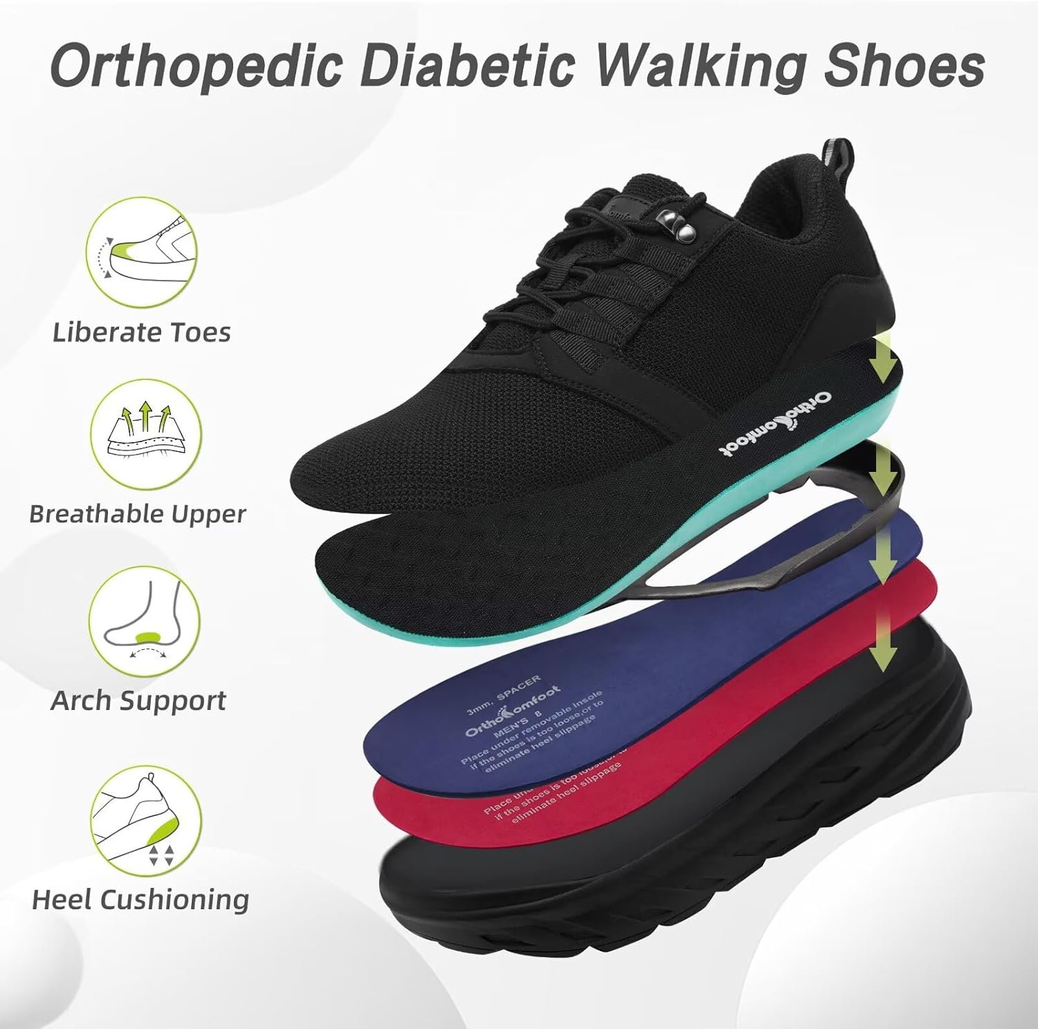 Мужские ортопедические прогулочные кроссовки OrthoComfoot с широкой колодкой, черный — фото 3