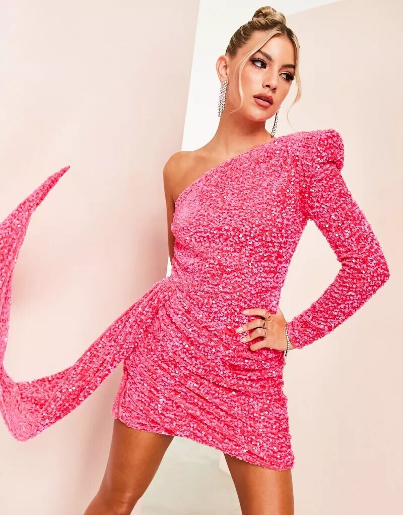 

Платье мини на одно плечо ASOS с асимметричной драпировкой и отделкой розовыми пайетками, Розовый, Платье мини на одно плечо ASOS с асимметричной драпировкой и отделкой розовыми пайетками