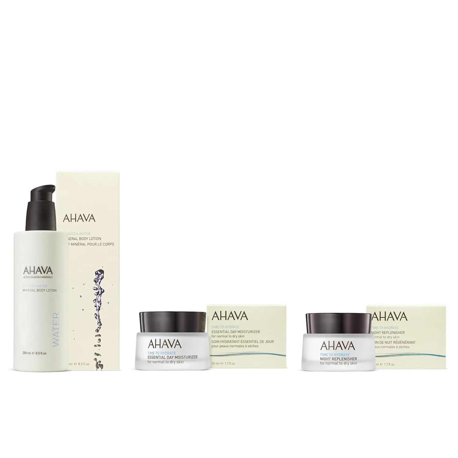 Набор AHAVA Essential: дневной увлажняющий крем, ночной восстанавливающий крем и минеральный лосьон для тела. — фото 2