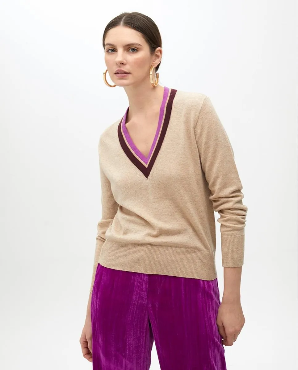 

Женский джемпер с V-образным вырезом и контрастными деталями Lola Casademunt, бежевый