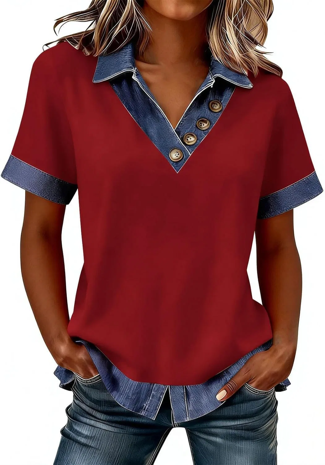 Женская блуза с воротником, джинсовая отделка, короткий рукав, Slim Fit, N003- Deep Red