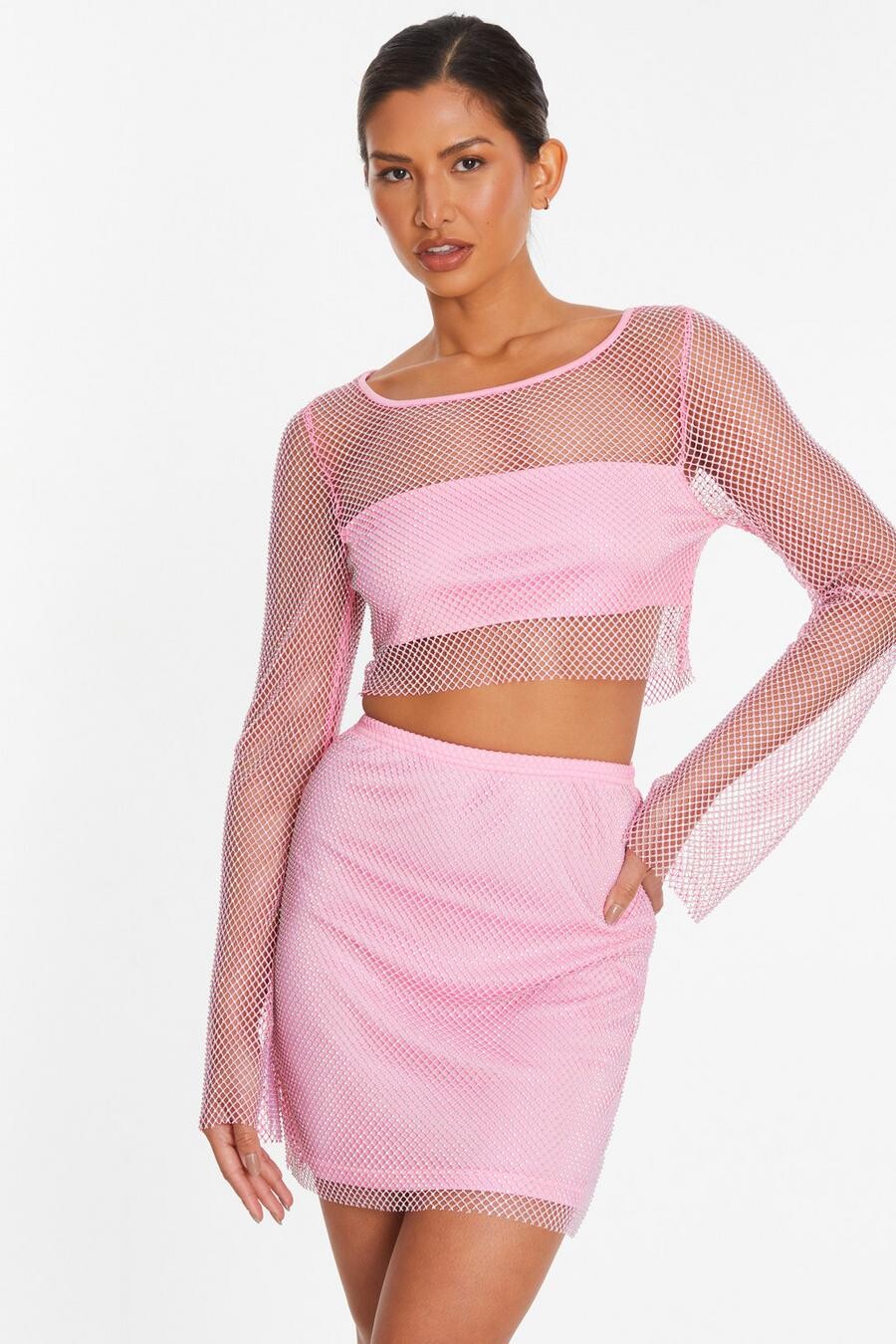 

Укороченный топ из розовой сетки со стразами QUIZ Clothing