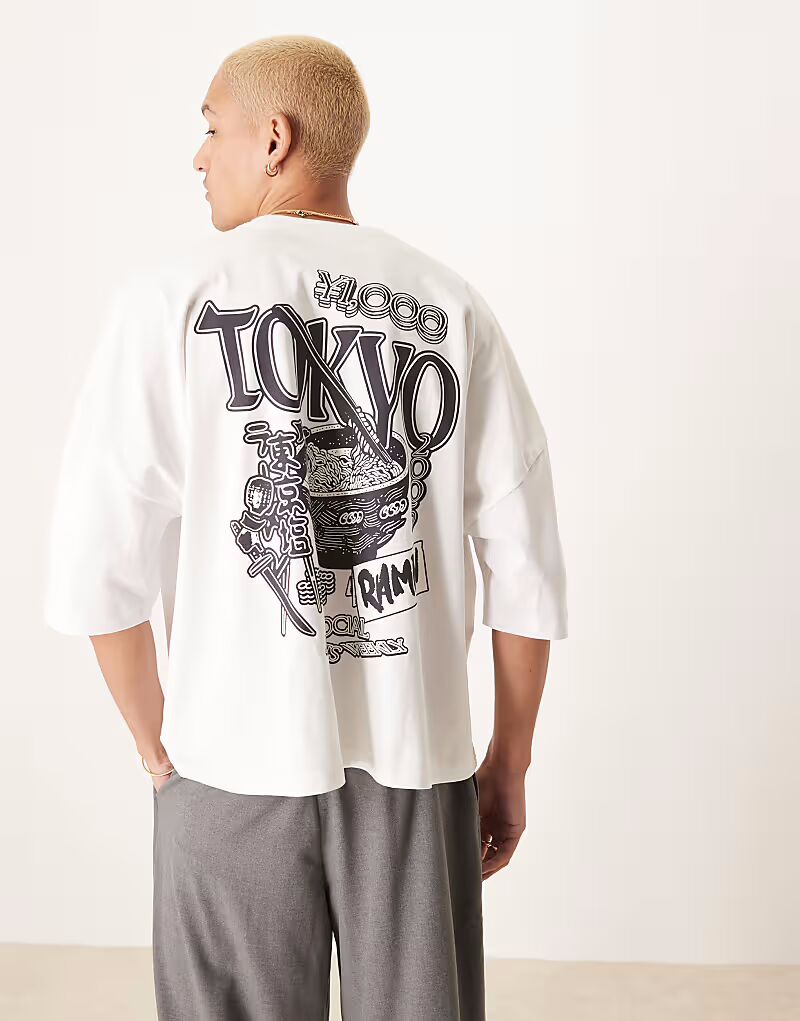 

Футболка свободного кроя ASOS DESIGN из плотной ткани плотностью 240 г/м² с принтом на спине белого цвета