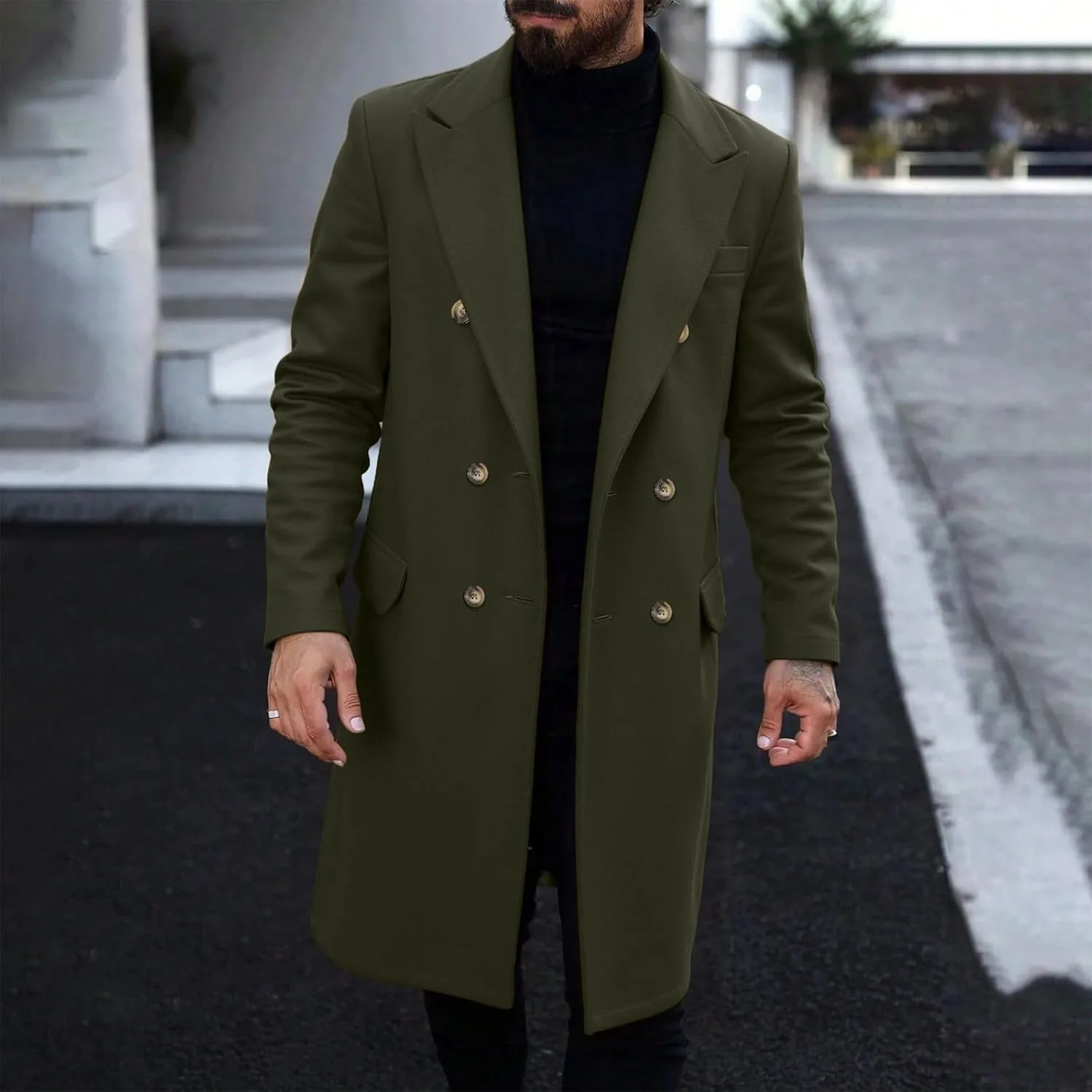 Мужское пальто с отложным воротником, двубортное, средней длины, в стиле pea coat, для бизнес-кэжуал, ветровка, зимнее, теплое, пальто Generic, зеленый — фото 4