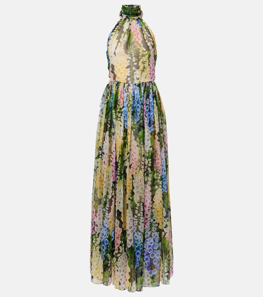 

Платье из шифона с цветочным принтом и сборками Oscar de la Renta, Black Multi