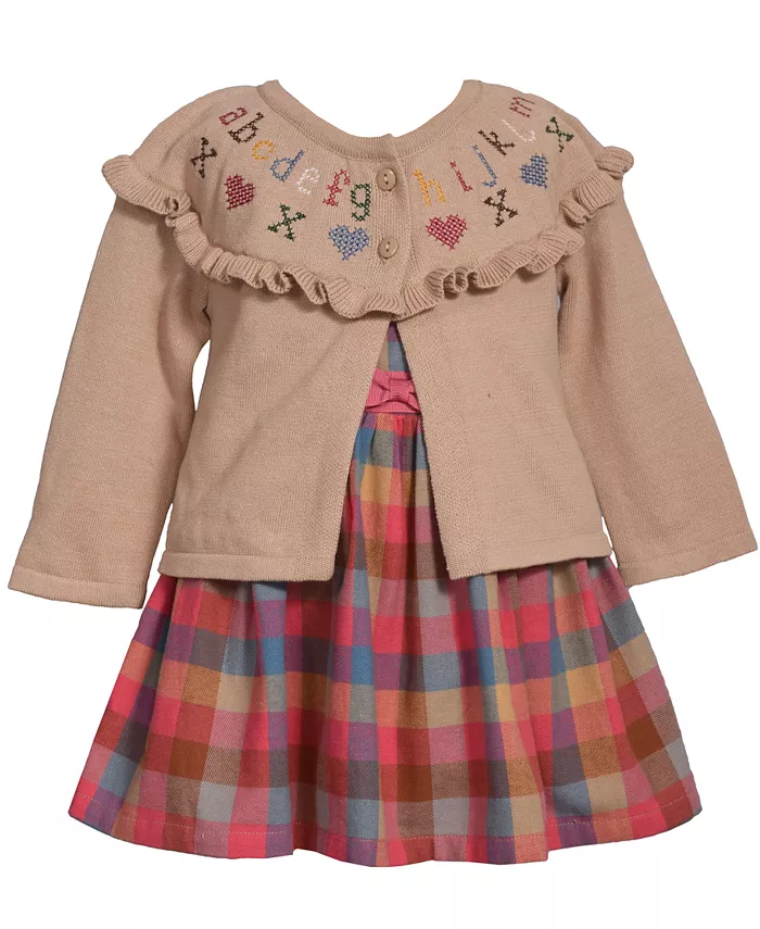 

Комплект для девочек из двух предметов: вышитый свитер и платье в клетку Bonnie Baby