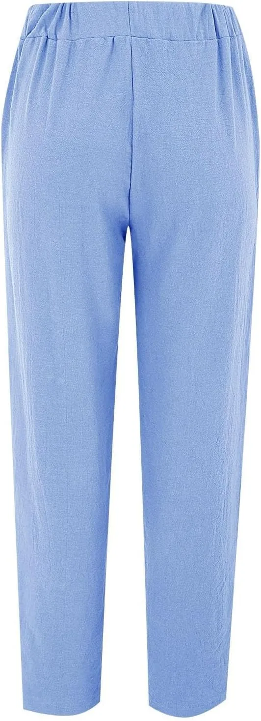 Petite Linen Pants для женщин: брюки для пляжа с эластичным поясом, повседневные, с боковыми вырезами, длина до щиколотки, прямые, с карманами Generic, синий — фото 3