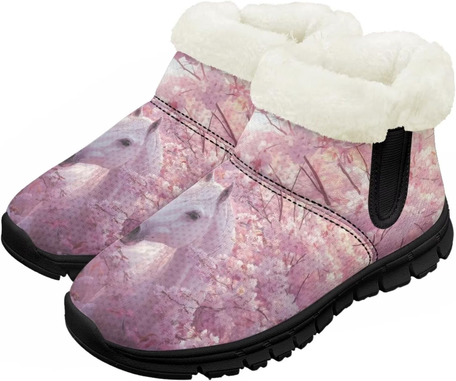 

Зимние сапожки для девочек-детей, противоскользящие прогулочные кроссовки с меховой подкладкой, без шнурков, теплые короткие ботинки Pointodoor, Horse Cherry Blossom-Pink