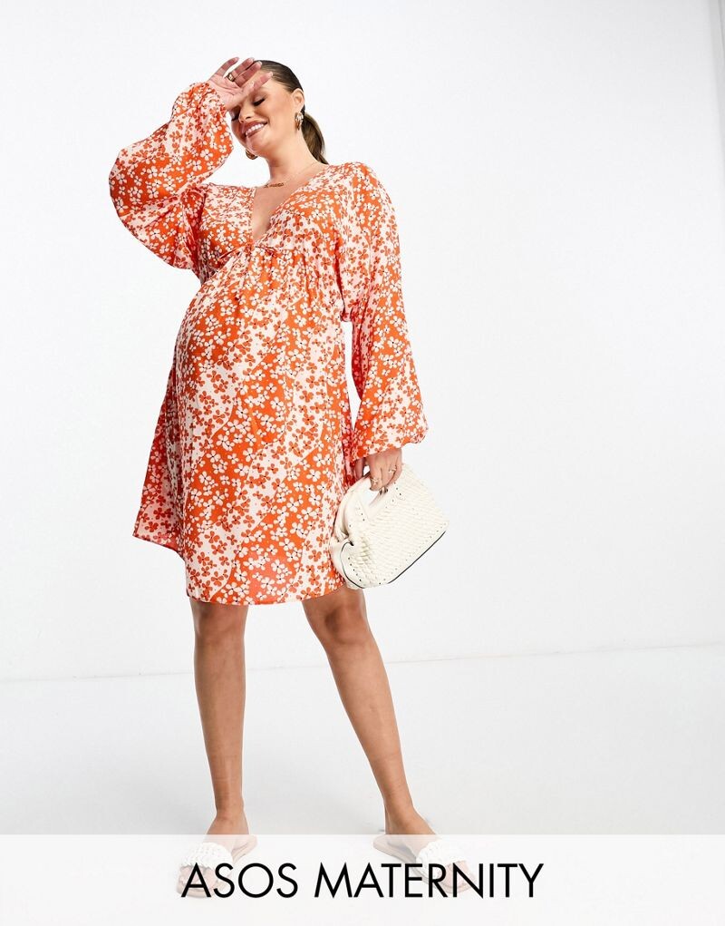 

Красное свободное платье мини с цветочным принтом ASOS DESIGN Maternity