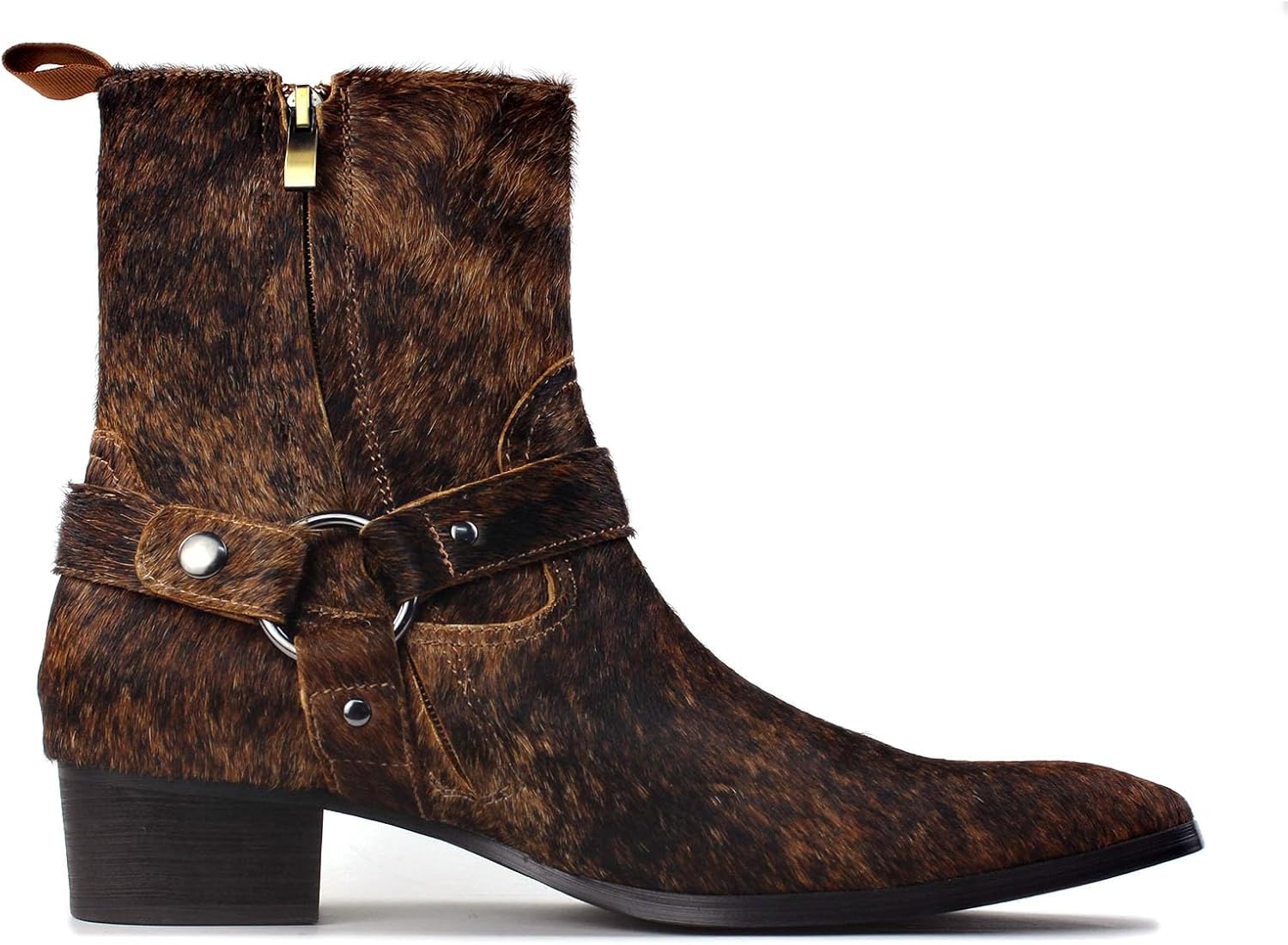Мужские ботинки-челси OSSTONE из кожи с верхом из пони, модель Chukka с боковой молнией, каблук, модель OS-JY021-B-R, натуральный коричневый — фото 4