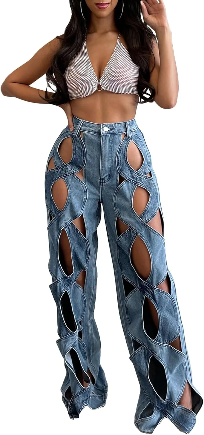 

Джинсы для женщин High Waist с прорезями Straight Wide Leg Symina