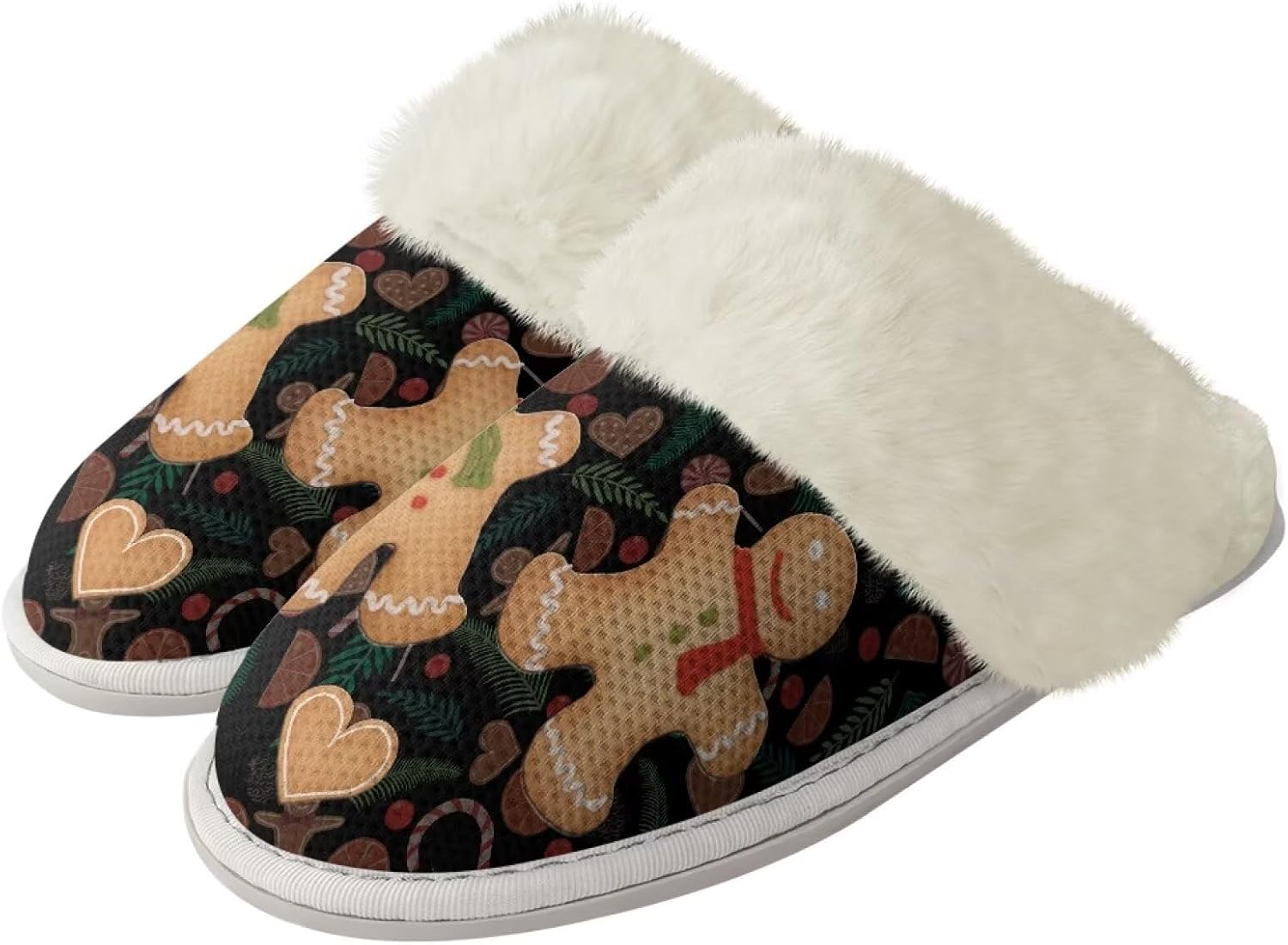 

Рождественские дизайнерские хлопковые тапочки для женщин и мужчин с противоскользящей подошвой для дома и улицы, удобные домашние тапочки, пушистые тапочки Zhangruoheng, Christmas Gingerbread Man Print