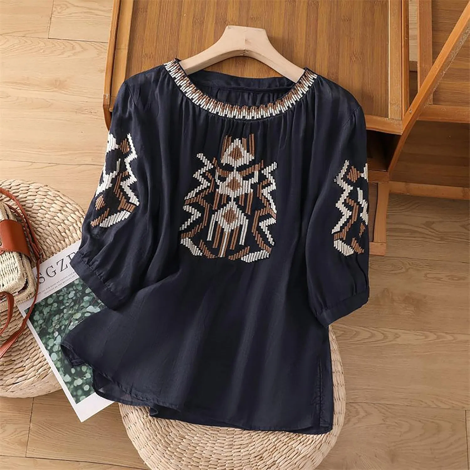 Футболка женская из хлопка и льна T-Shirt, темно-синий — фото 3