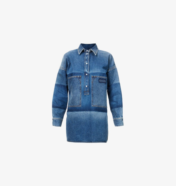 

Мини-Платье из денима с лазерным логотипом бренда Gucci, синий