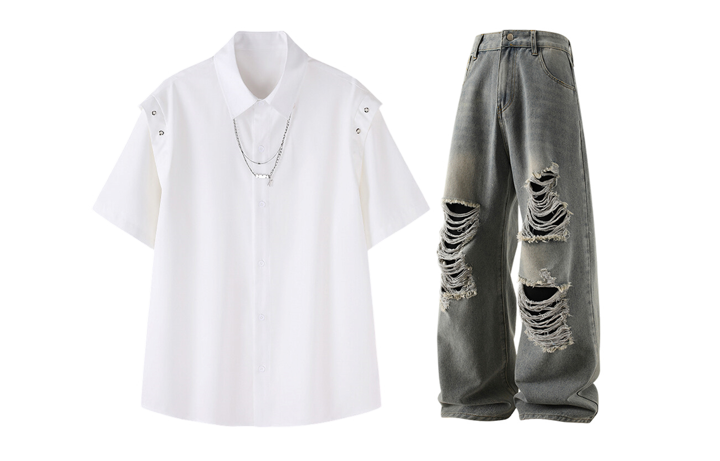 

Повседневная спортивная одежда унисекс с лацканами умеренного кроя X1617, белый shirt+vintage синий ripped jeans