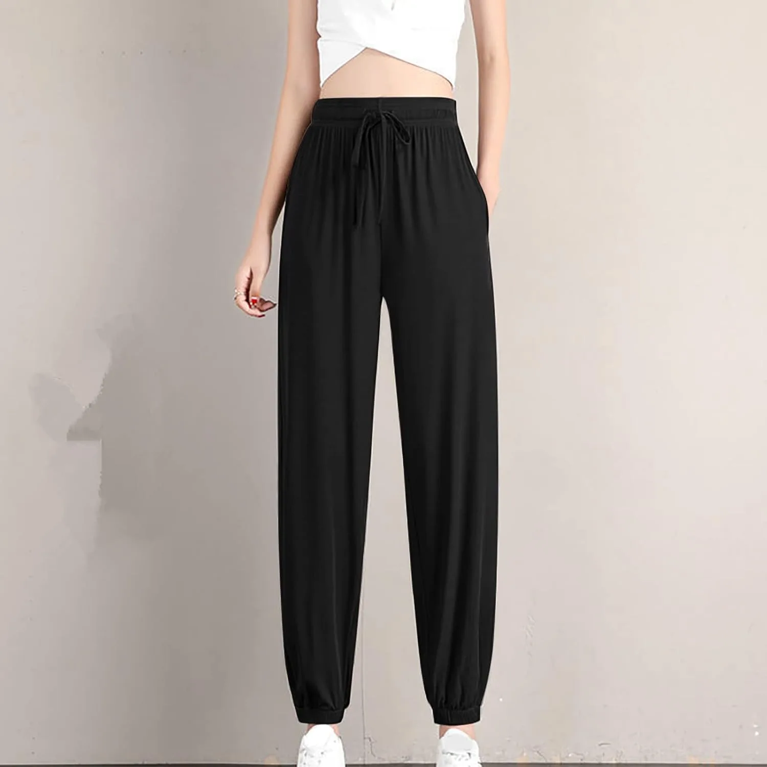 Женские брюки с широкими штанинами, зауженные книзу, на шнуровке, с высокой эластичной талией, прямого кроя, для йоги, бега, тренировок Generic, черный — фото 2