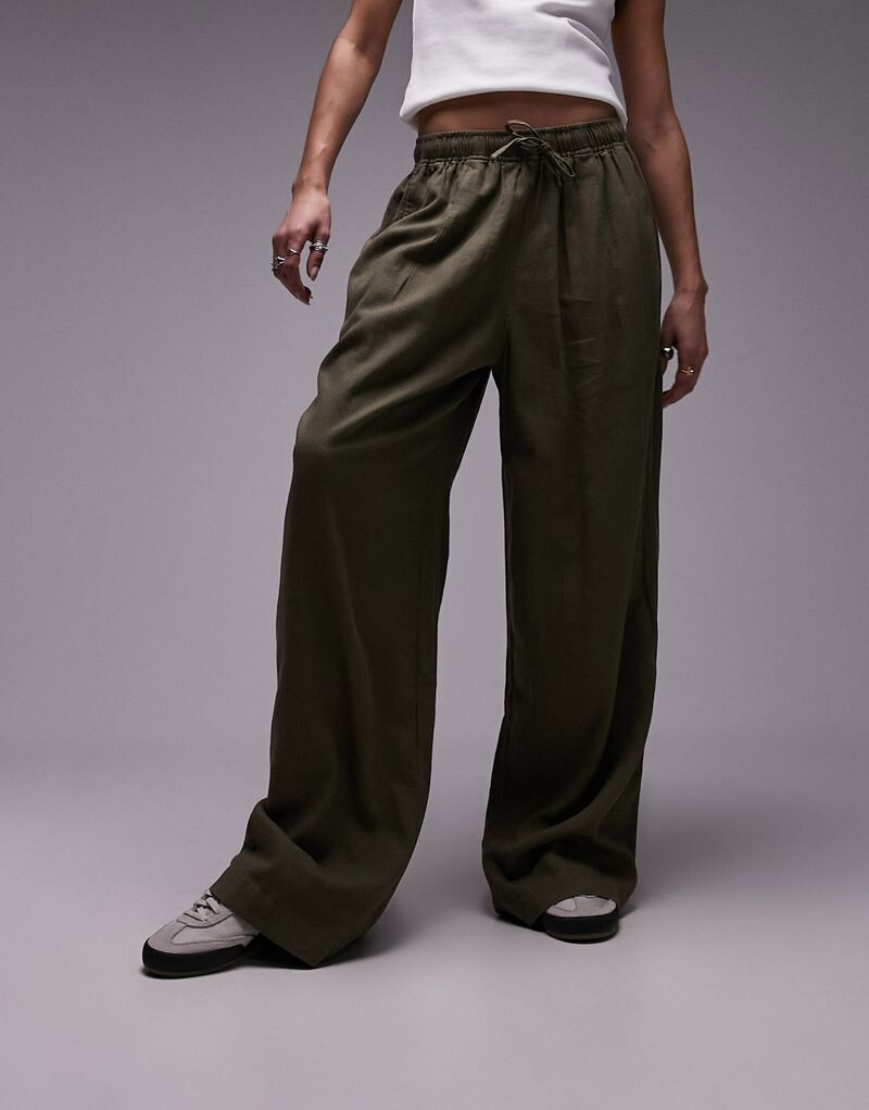 

Широкие льняные брюки цвета хаки Topshop