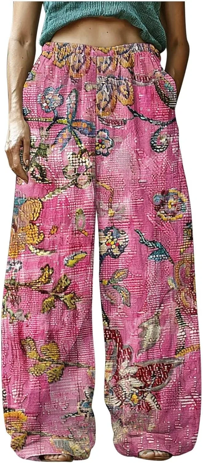 Льняные брюки женские 2025 Casual High Waist Wide Leg с цветочным принтом палаццо свободные модные пляжные бохо с карманами Generic, мультиколор