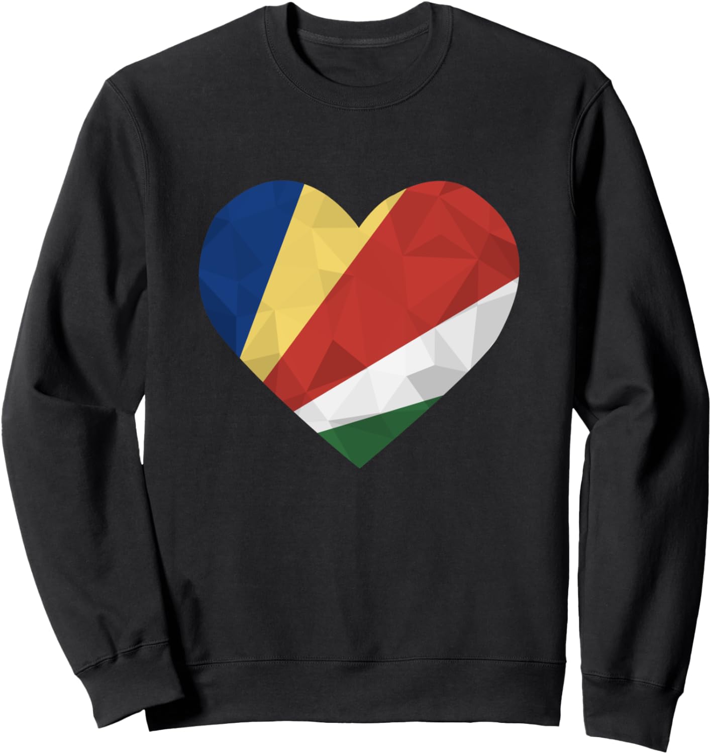 

Футболка с надписью «Я люблю Сейшелы» и изображением флага и сердца, выполненная в стиле Low Poly, с надписью «Путешествия по Сейшелам» Shirtbooth: Love Flags, черный