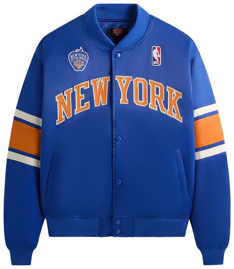 

Классическая атласная куртка-бомбер Kith For The New York Knicks Патрика Юинга, модель, синий
