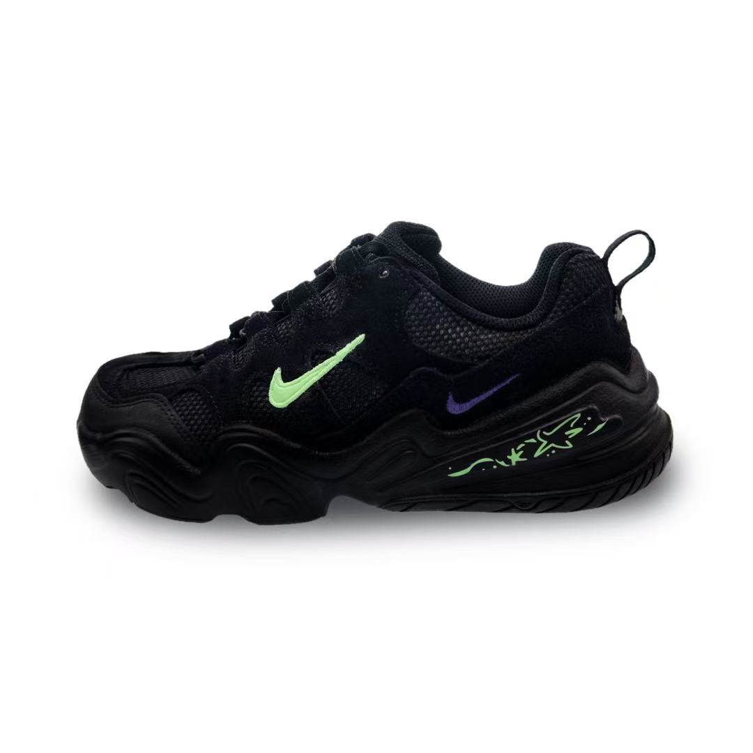 

Nike Тех Хера устойчивые к истиранию низкие кеды унисекс черные зеленые фиолетовые, цвет Black Green Purple