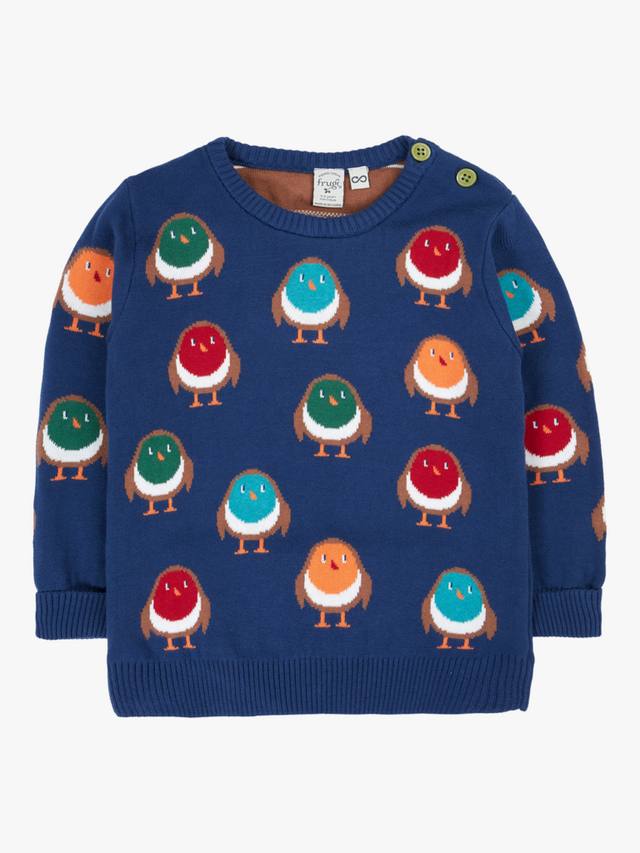 

Детский веселый вязаный хлопковый джемпер Frugi, Navy/Rainbow Robins
