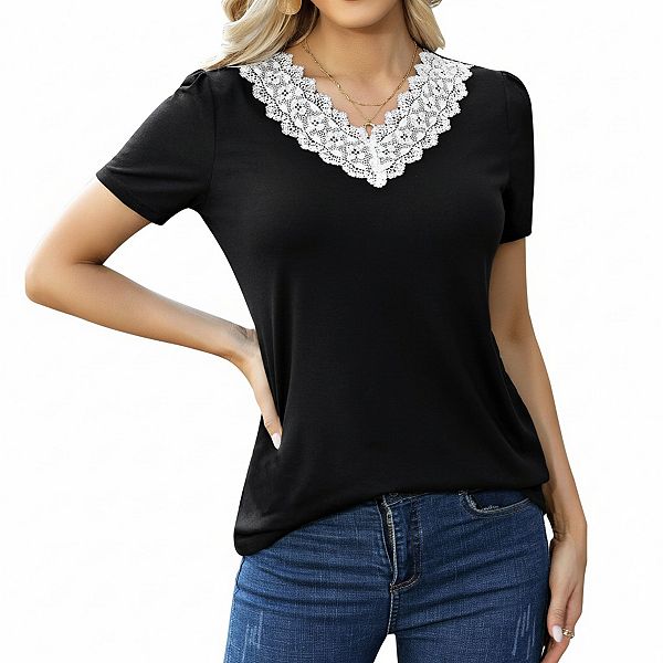 

Женская футболка с коротким рукавом и кружевным V-образным вырезом Elitespirit, Black, Черный, Женская футболка с коротким рукавом и кружевным V-образным вырезом Elitespirit, Black