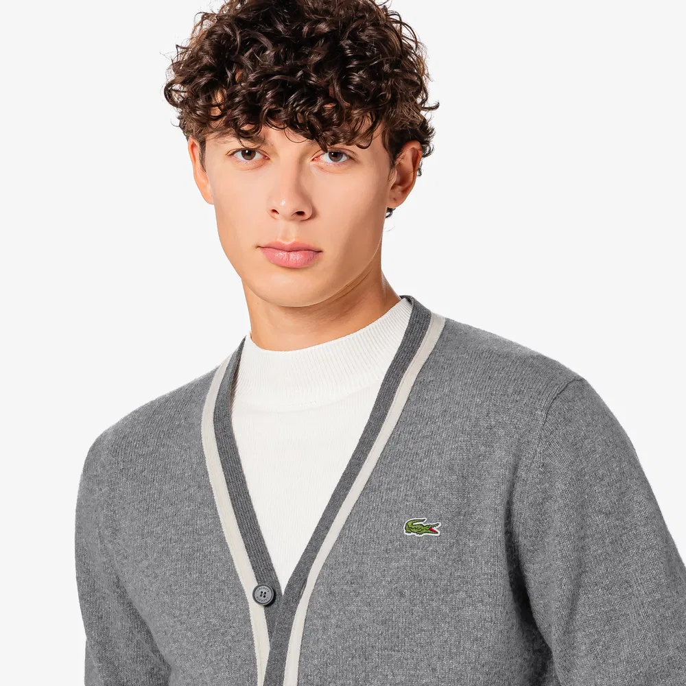 Мужской V-образный кардиган из шерстяной ткани, меланжевый серый, от Lacoste — фото 2